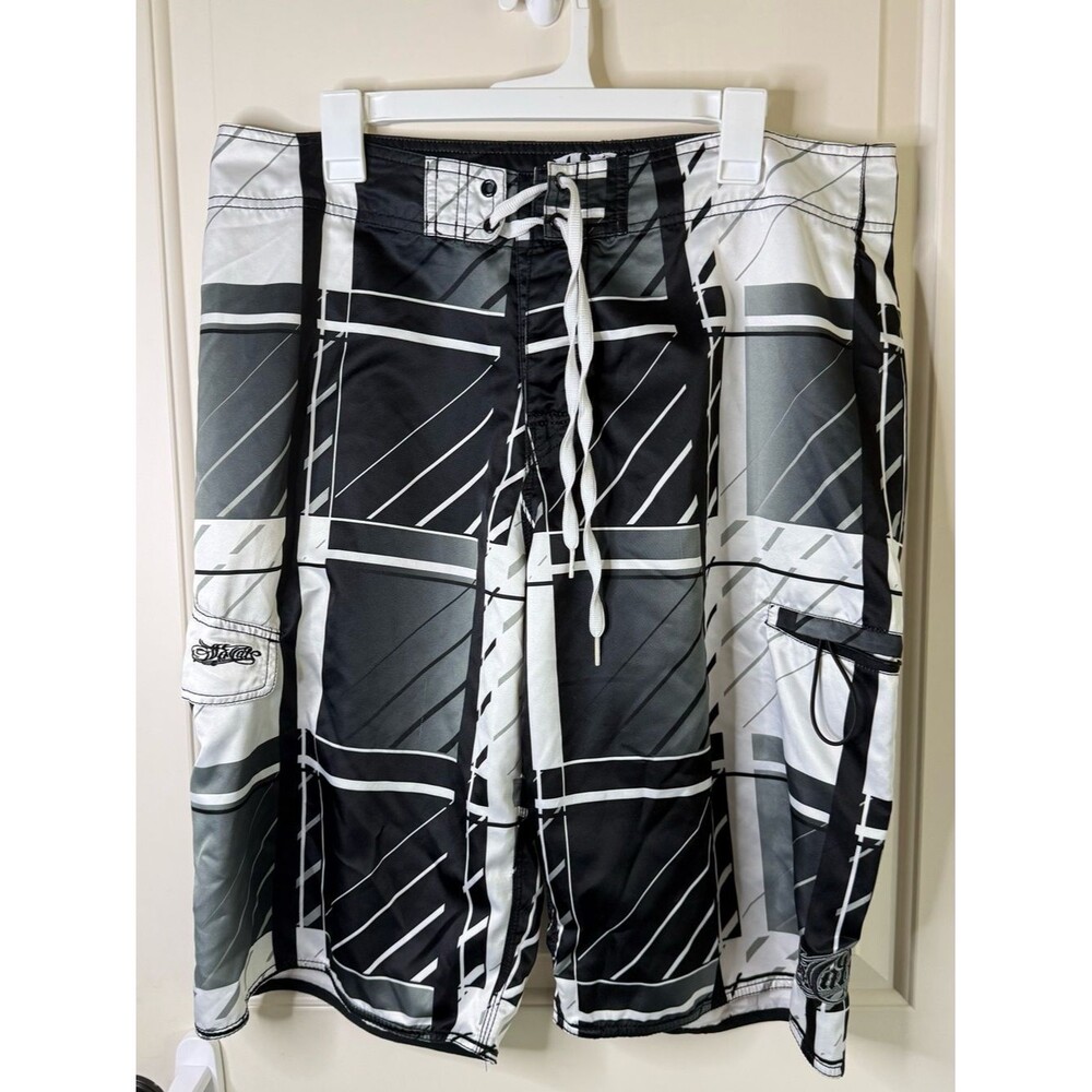SoCal Vintage Men's Black & White Graphic Swim Board Shorts - Lace-Up Waist 36